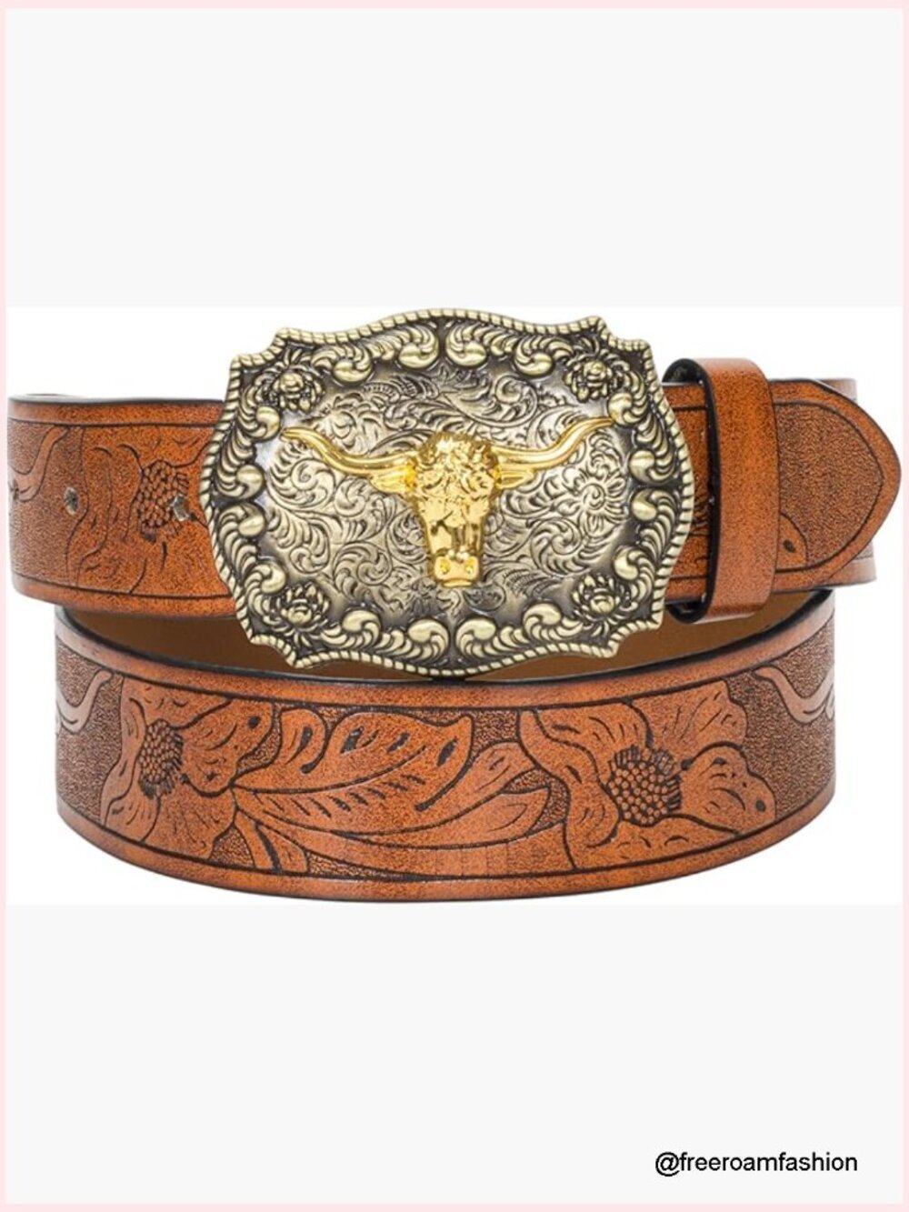 Unisex Western Cowboy Cowgirl Belt with Bull Head Engraved Buckle, PU Leather,